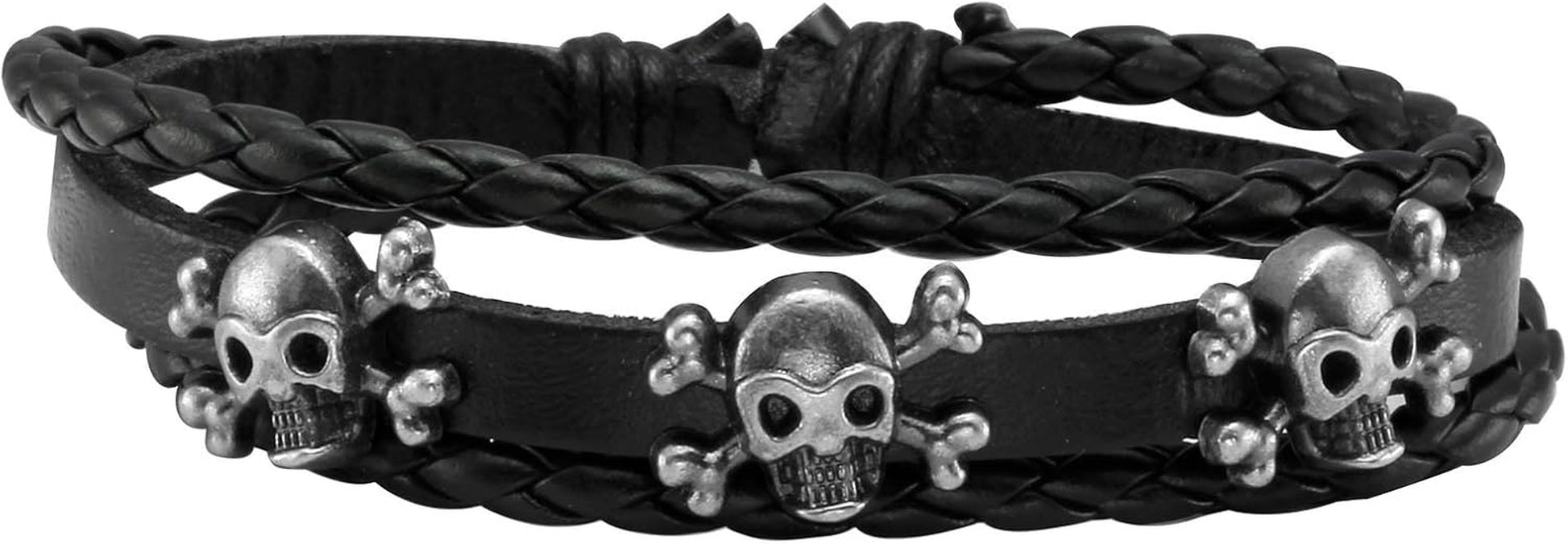 6Pcs Men Braided Leather Bracelet Black Punk Rock Skull Bracelet