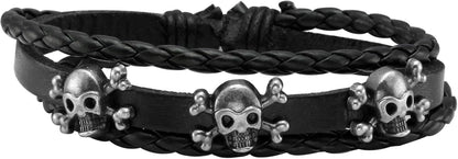 6Pcs Men Braided Leather Bracelet Black Punk Rock Skull Bracelet
