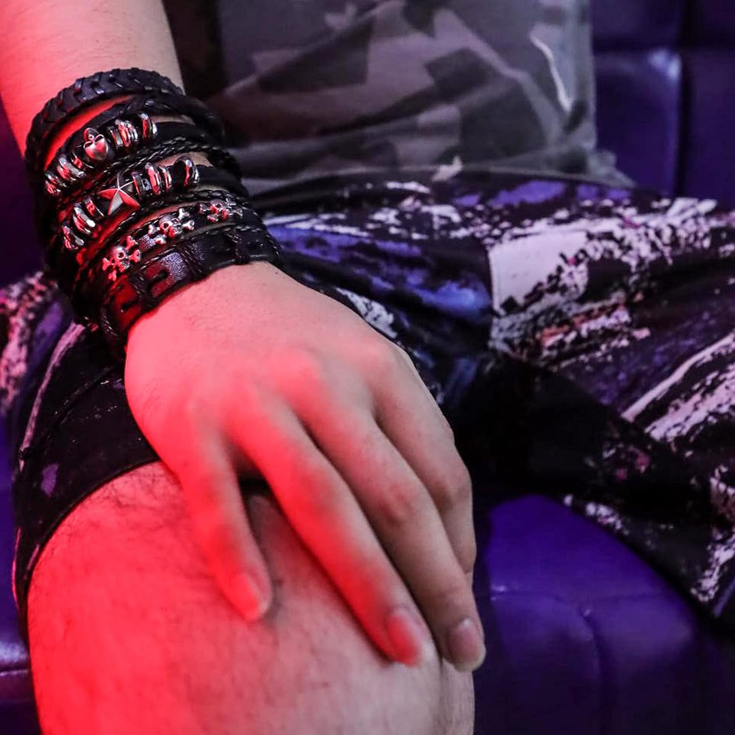 6Pcs Men Braided Leather Bracelet Black Punk Rock Skull Bracelet