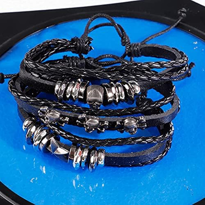 6Pcs Men Braided Leather Bracelet Black Punk Rock Skull Bracelet