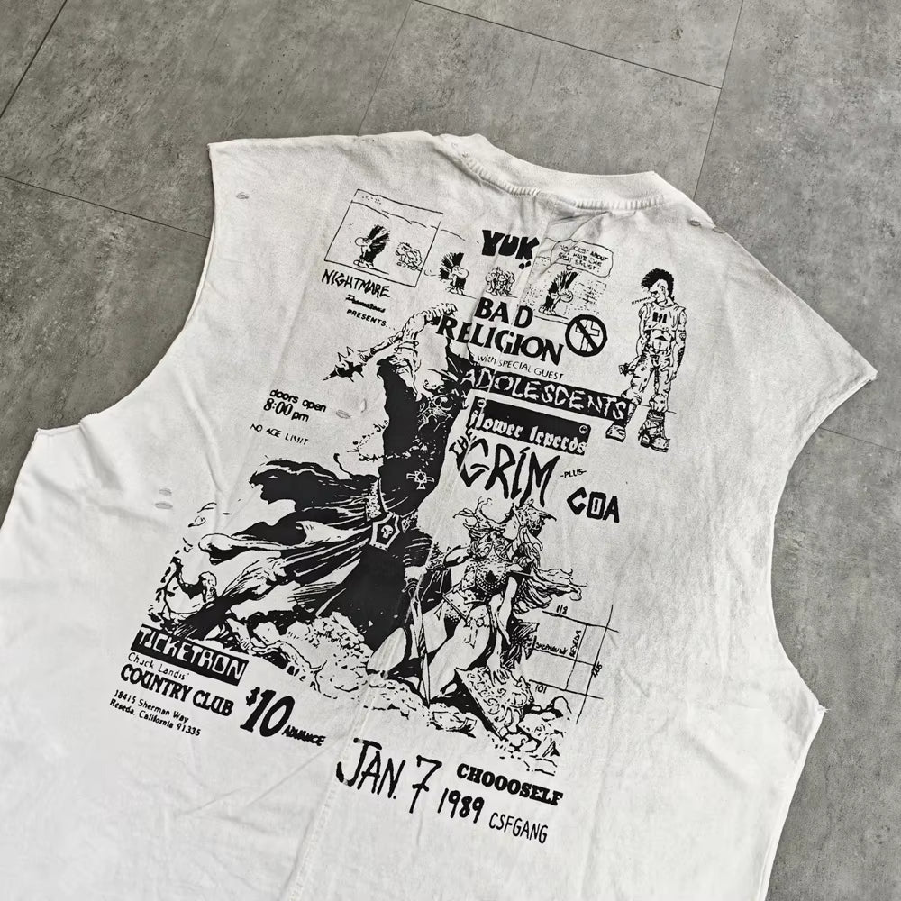 Yao Fashion Men Clothing Vest High Quality Sleeveless Tee Streetwear Band Vintage Punk Rock Hiphop Tops Loose Cotton Men T Shirt