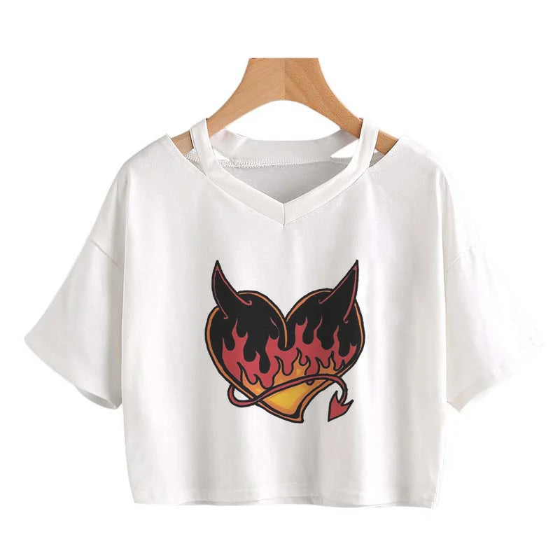 Summer Crop Tops V-Neck Punk Gothic Clothing Tee Harajuku Sexy Short Sleeve T-Shirts Streetwear Short Crop Top Women Aesthetics