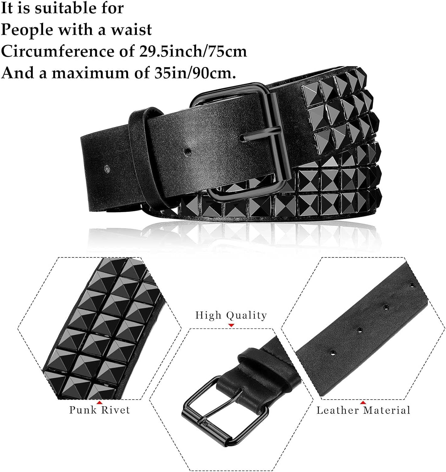 Studded Belt Metal Punk Rock Rivet Punk Leather Threads Studded Goth Belt with Pyramid Studs for Women Men