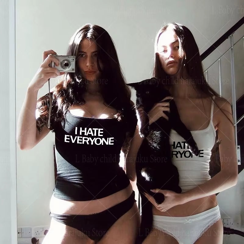 I HATE EVERYONE Print Gothic Tank Tops Summer Fashion Chic Slim Aesthetic Top Punk Woman Clothing Vests Streetwear Y2K 2000S Tee